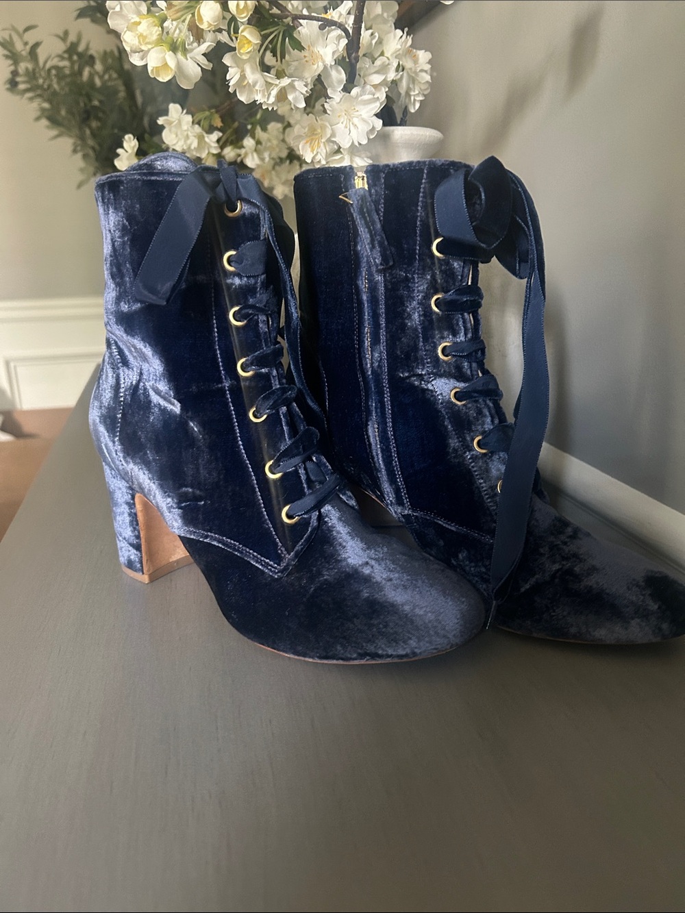 Velvet Lace-Up Ankle Boots in Navy